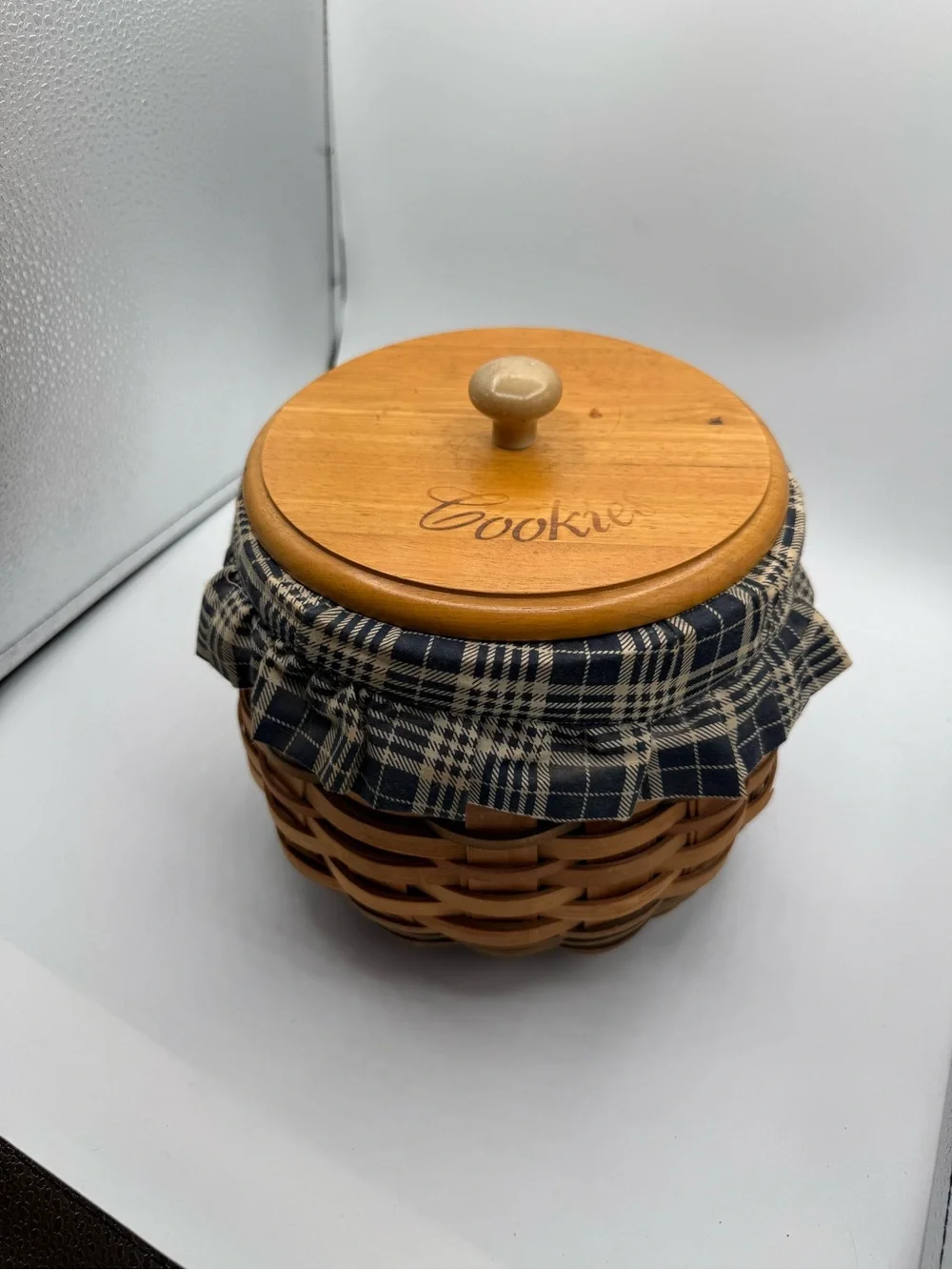 Woven Basket Cookie Jar Wooden Lid Plastic Liner Navy Blue Cotton Fabric Cover